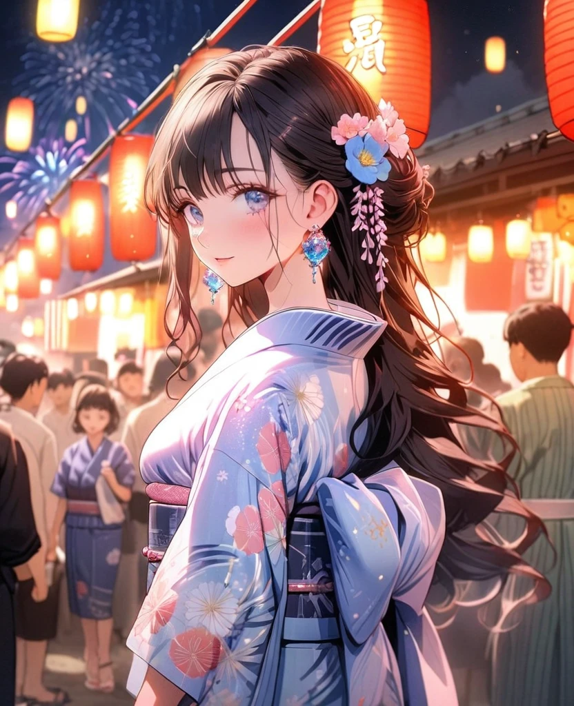 8K,gal，an extremely delicate and beautiful,Beautiful and realistic skin,Shiny jewel-like earrings,pink glowing tattoo,Long colerful hair,blue eyes,whole body,Sparkly beautiful  yukata,Summer festival,night,Beautiful glowing fireworks