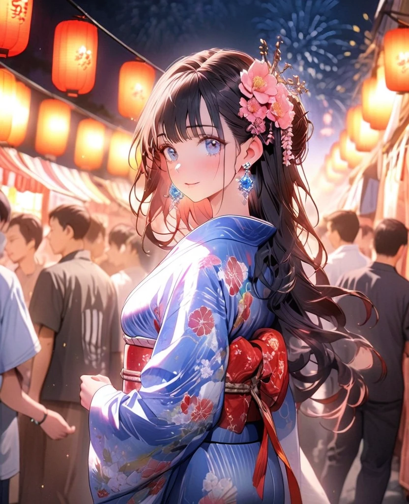 8K,gal,an extremely delicate and beautiful,Beautiful and realistic skin,Shiny jewel-like earrings,pink glowing tattoo,Long colerful hair,blue eyes,whole body,Sparkly beautiful yukata,Summer festival,night,Beautiful glowing fireworks