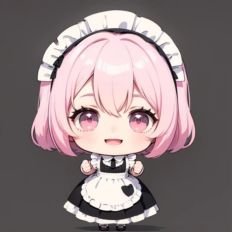 ((Highest quality)), ((masterpiece)), (detailed), Perfect Face, Perfect Arms, anime, Ultra-fine illustration, ((1 person)), ((Chibi Character)), Cute girl, ((Maid)), Thumbs up, (with own hands:1.3), smile, Open your mouth, Pink Hair, Pink Eyes, Full Body Shot,