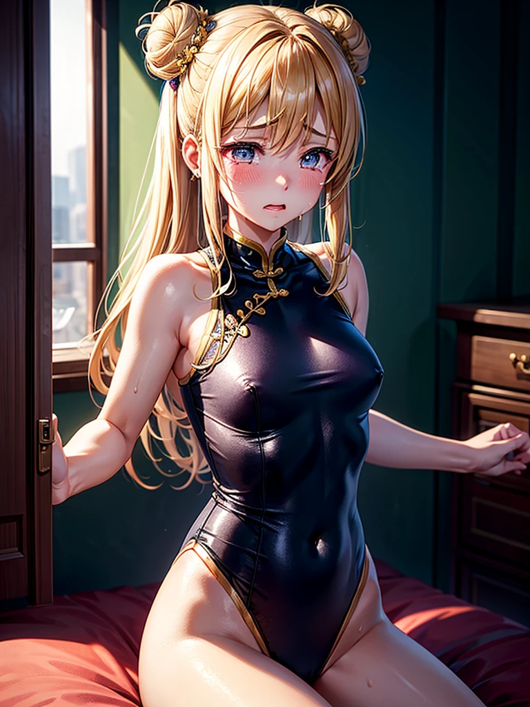 Highest Resolution,Highest quality,A beautiful girl in a Chinese leotard crying,Bun Hair,Dark bedroom,Tears,Open your mouth and drool,whole body,Sweat profusely,Cry,Beautiful eyes,