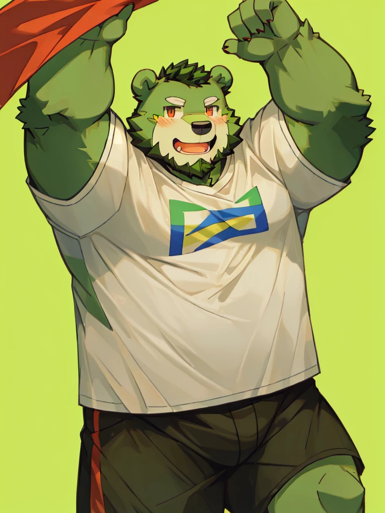 anthro, kemono, male, solo, (((green bear))), (((green fur))), green hair, red eyes, beard, white eyebrows, sexy, blush, wink, simple background, wear a white t-shirt, wave a big lgbt flag,