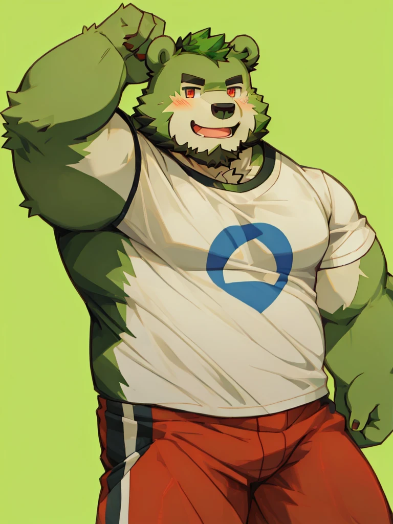 anthro, kemono, male, solo, (((green bear))), (((green fur))), green hair, red eyes, beard, white eyebrows, sexy, blush, wink, simple background, wear a white t-shirt, wave a big lgbt flag,