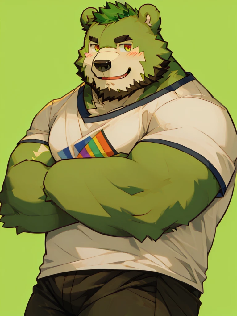 anthro, kemono, male, solo, (((green bear))), (((green fur))), green hair, red eyes, beard, white eyebrows, sexy, blush, wink, simple background, wear a white t-shirt, wave a big lgbt flag,
