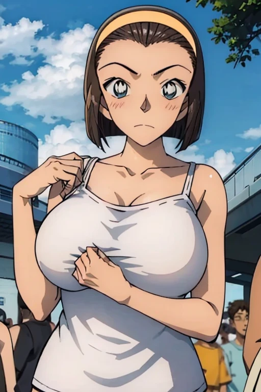 looking at the camera、When I Look at You、lookatviewer、Anime Style、Eroge、1 Girl, (Huge breasts), (Tight white camisole)、Low Angle、Brown haired, hair band、Bob Hair、The forehead is visible、blush, White arm covers, bangs、The whole body is visible