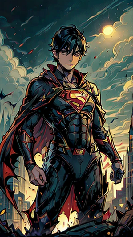 best quality,masterpiece,1boy,solo,(((13years old))),japanese boy,an extremely cute and handsome boy,highly detailed beautiful face and eyes,petit,cute face,lovely face,baby face,shy smile,show teeth,black hair,short hair,flat chest,skinny,slender(((wearing a Superman costume,red cape))),(((Heroic pose in Dark Midnight Fantasy style Gotham castle))),he is looking at the viewer,