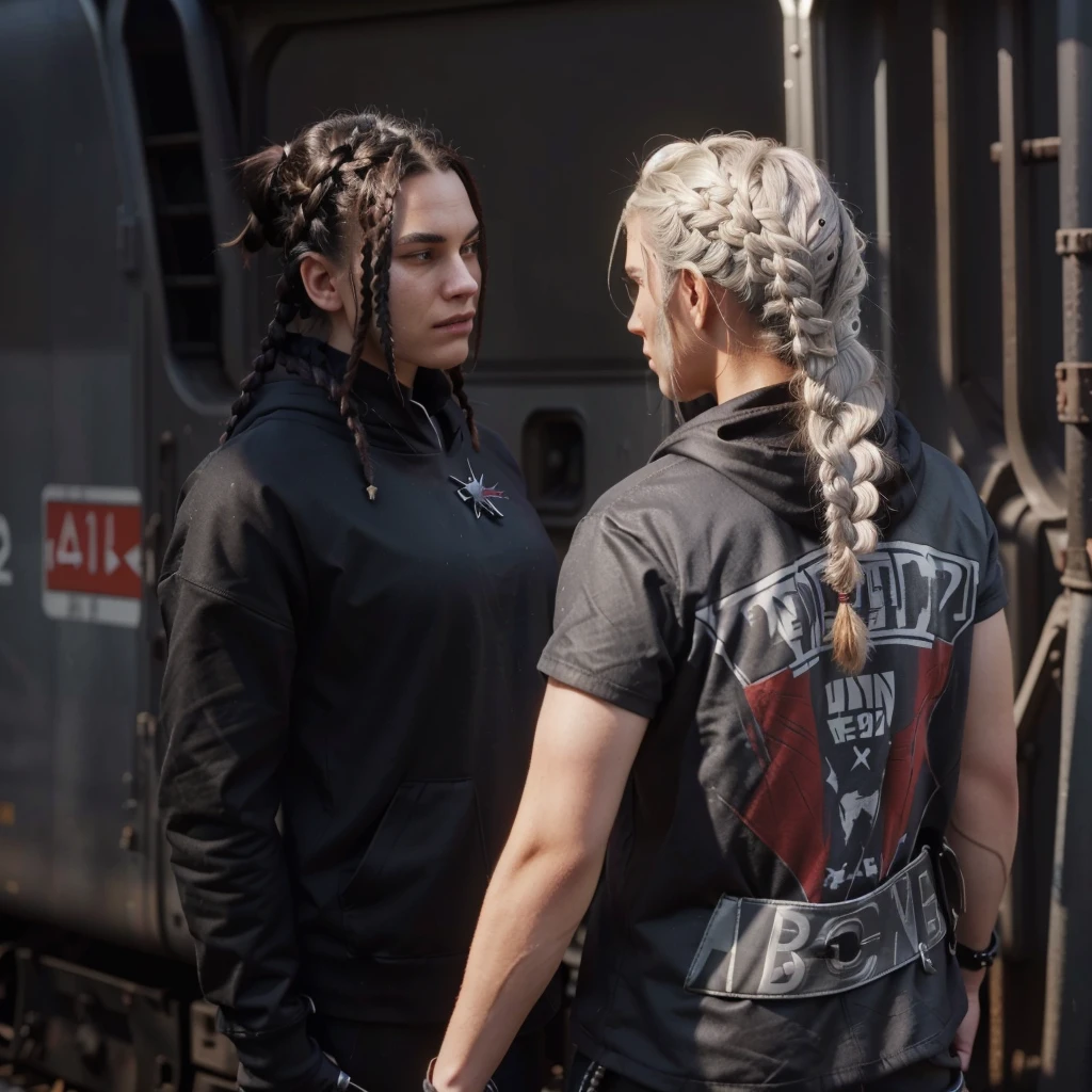 they are standing in front of a train with their hair in braids, medium shot of two characters, 2020 video game screenshot, johnny silverhand waering hoodie on his head, video game screenshot>, mechanic punk outfit, detailed punk hair, they are close to each other, she has dark grey hairs, petros and leonid, from witcher (2021)