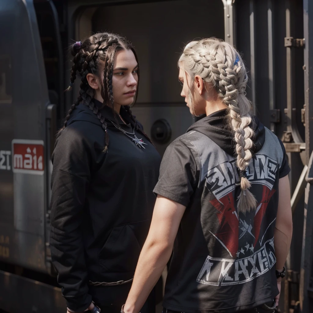 they are standing in front of a train with their hair in braids, medium shot of two characters, 2020 video game screenshot, johnny silverhand waering hoodie on his head, video game screenshot>, mechanic punk outfit, detailed punk hair, they are close to each other, she has dark grey hairs, petros and leonid, from witcher (2021)
