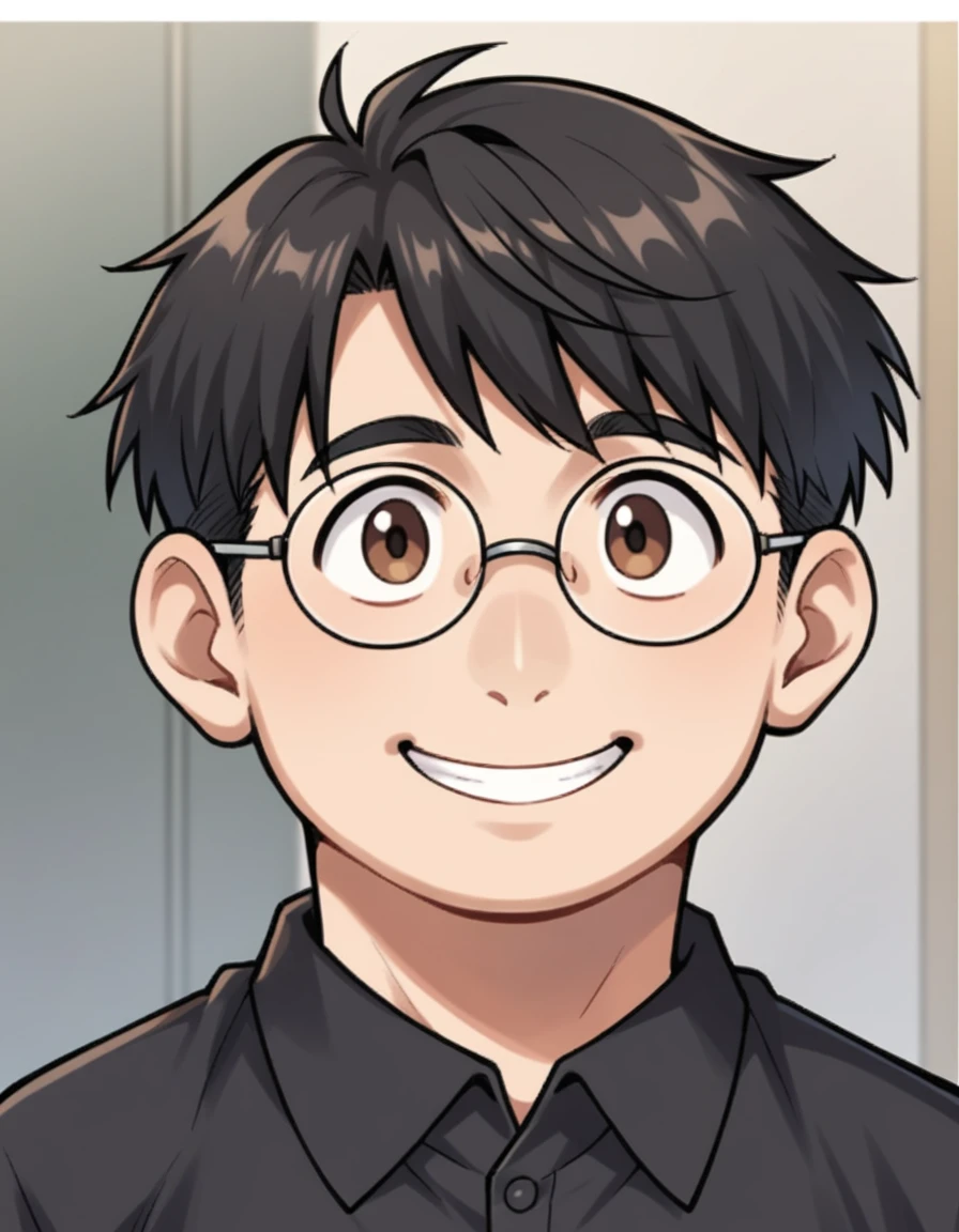 score_9, score_8, One boy,adult, round face,Wearing glasses,short hair,Hair up,Slightly overweight,Black Hair, Brown eyes, Black polo shirt,Slightly sideways, View your viewers, smile, Upper Body, Little