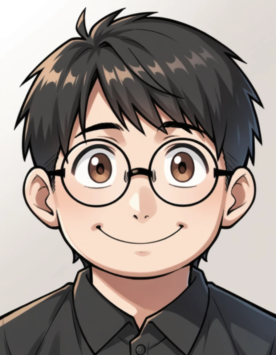 score_9, score_8, One boy,adult, round face,Wearing glasses,short hair,Hair up,Slightly overweight,Black Hair, Brown eyes, Black polo shirt,Slightly sideways, View your viewers, smile, Upper Body, Little