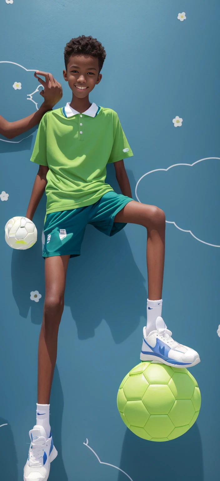  boy，（Wearing white tennis clothes，Wearing green socks），Dark skin，Big round eyes，Very short hair，Tall and skinny，Toothy Smile，Sharpen details，Knee muscle lines，Blue Background，Holding a water gun