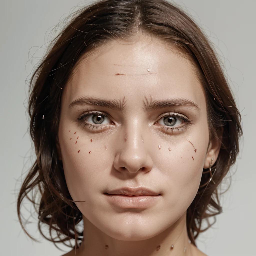 realistic quality. on a white background. head. nose, mouth, eyes. scattered over the face. they are connected by scars. the scars have pins on them. skin color is realistic. picture quality as in life. parts of the face are cut off and scattered over the face, 