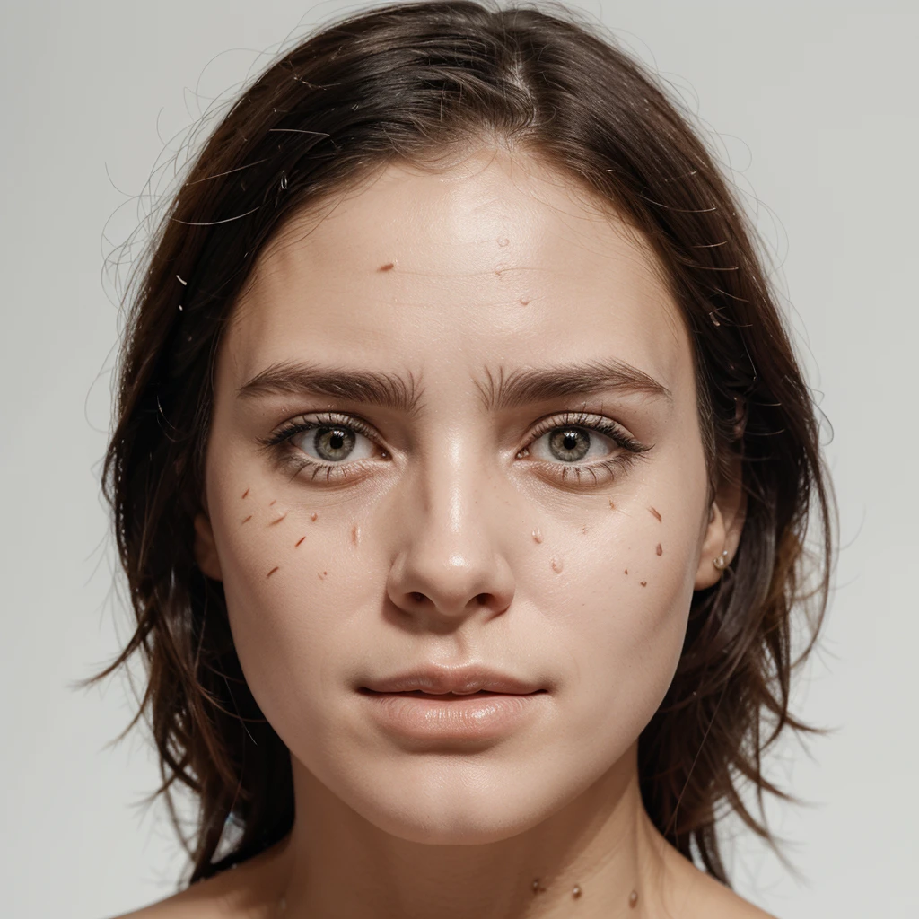 realistic quality. on a white background. head. nose, mouth, eyes. scattered over the face. they are connected by scars. the scars have pins on them. skin color is realistic. picture quality as in life. parts of the face are cut off and scattered over the face,