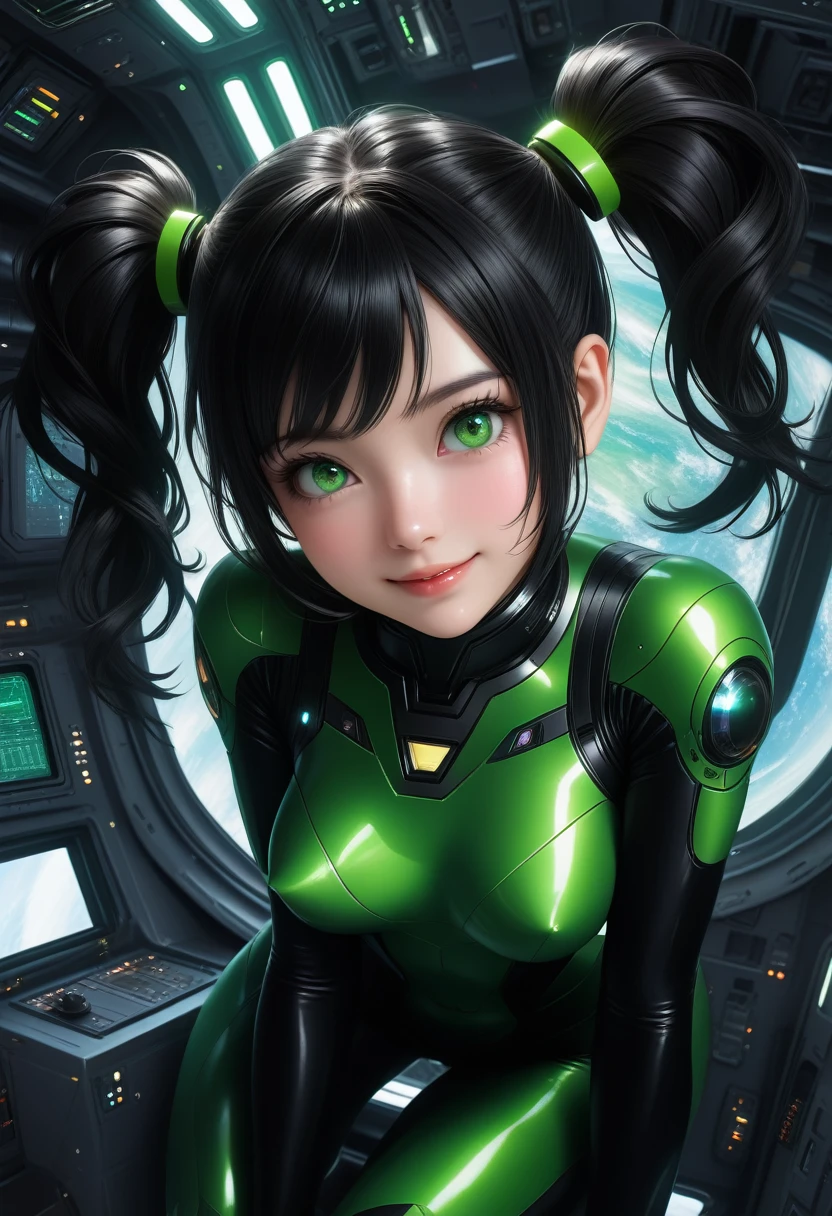 1girl, nude, full body, detailed nipples, pussy, cute girl, embarrassed, small breasts, flat chest, messy hair, pigtails, black hair, green eyes, spaceship interior, masterpiece quality, intricate detail, 4k resolution, ultra hd