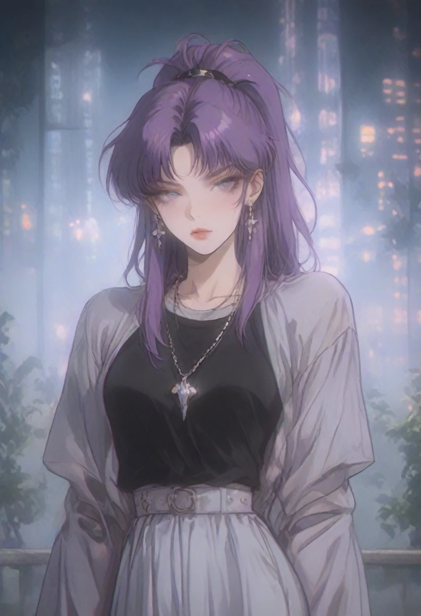 Art styles: uncensored, masterpiece, dramatic lighting, 3000K lighting, muted tones, crisp image, clear image, vivid colors, vibrant colors, 1990s \(style\), cinematic, cinematic lighting, retrowave, retro, anime, Vintage, edgPastelGoth; character:manga_darkstalkers_Morrigan_Aensland:0.13; appearance: purple hair, high ponytail hair, purple eyes, (slim body), medium breasts, hourglass figure, soft gradient two-tone hair, makeup, masterpiece; clothing: streetwear-grunge-cyberpunk; composition: cowboy shot; BREAK Accessories: sparkly diamond small earrings; pose: standing, hand on hip; BREAK bg: large illuminated fountain, skyscraper roof, panoramic view, night city, decorations neon lights, translucid lights, dense, green ornamental plant, side lighting;
