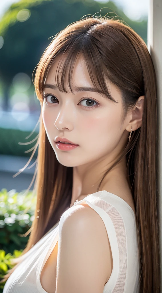 1womanl, up of face, mideum breasts, light brown hair, Blunt bangs, hair behind ear, hair over shoulder, Long hair, slender body shape, Ultra Fine Face, Thin face, Delicate lips, Beautiful eyes, thin blush, eyes are light brown, perfect glossy skin, flawless skin, Glistening sweat,View here, Ultra-thin hands, Ultra-fine fingers, best ratio four finger and one thumb, (realisitic:1.3), See-through white blouse. An amusement park, One-person viewpoint, Fuji Film, F/1.2, 8K, masutepiece, nffsw, Super Detail, High quality, Best Quality, hight resolution