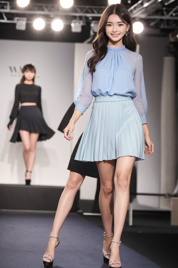 Skirts with fine pleats in various colors sway gracefully.、Sheer blouse、Walking towards me on the runway at a fashion show、The eyes are round and large.、A woman with a cute smile that shows her white teeth, a large bust, a small waist, and a slender figure.、White skin、Japanese woman with long wavy hair、A cute round-faced 20-year-old girl、Slim figure、Wearing high heels、A bright, photographic-quality image showing your entire body, from your high heels to your head、Walking towards me on the runway at a fashion show