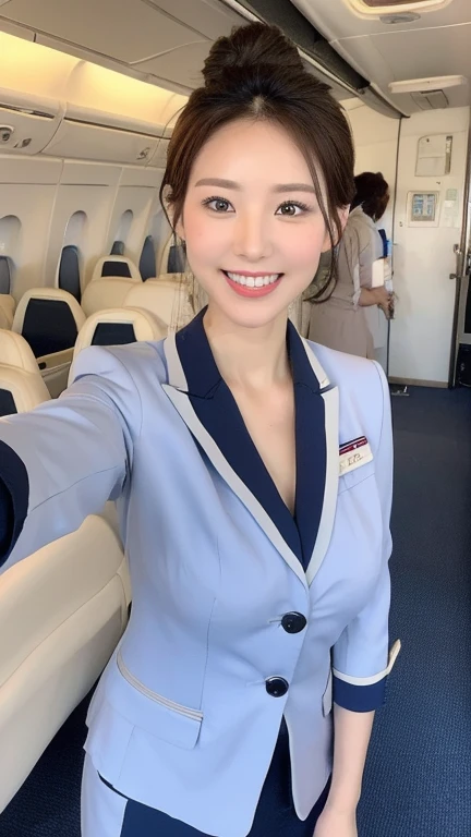 ((top-quality、masutepiece、8K、Top image quality、Hyper-Realism))、((1 female stewardess、walk gracefully down the aisle、cowboy  shot、Take a photo of her from the waist up))、((The background is the first class aisle of an airplane.、Christmas decorations on board、Christmas illuminations on board))、((perfect stewardess uniform))、(Exposing the forehead、Chignon)、large full breasts、The Biggest Smile、white big teeth、Perfect makeup、long eyelashes、View me、smile your best smile、perfect anatomia、Bright lighting, hyper realistic, photoreal, wearing a professional and fashionable stewardess dress mix business suit such as for Oscars Award