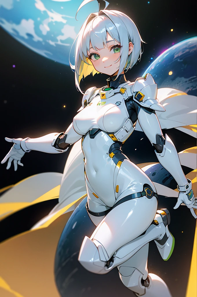 Perfect human body modeling, 1girl, beautiful girl, cute girl and idol face, young face, smile, ahoge and short bob cut and shiny silver hair, , hair, beautiful green eyes, medium breasts, shiny white skin, ears in robot style, black powered armor, full armor, powered leg, Space suits, planetary exploration