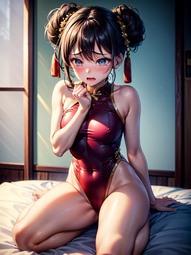 Highest Resolution,Highest quality,A beautiful girl in a Chinese leotard crying,Bun Hair,Dark bedroom,Tears,Open your mouth and drool,whole body,Sweat profusely,Cry,Beautiful eyes,