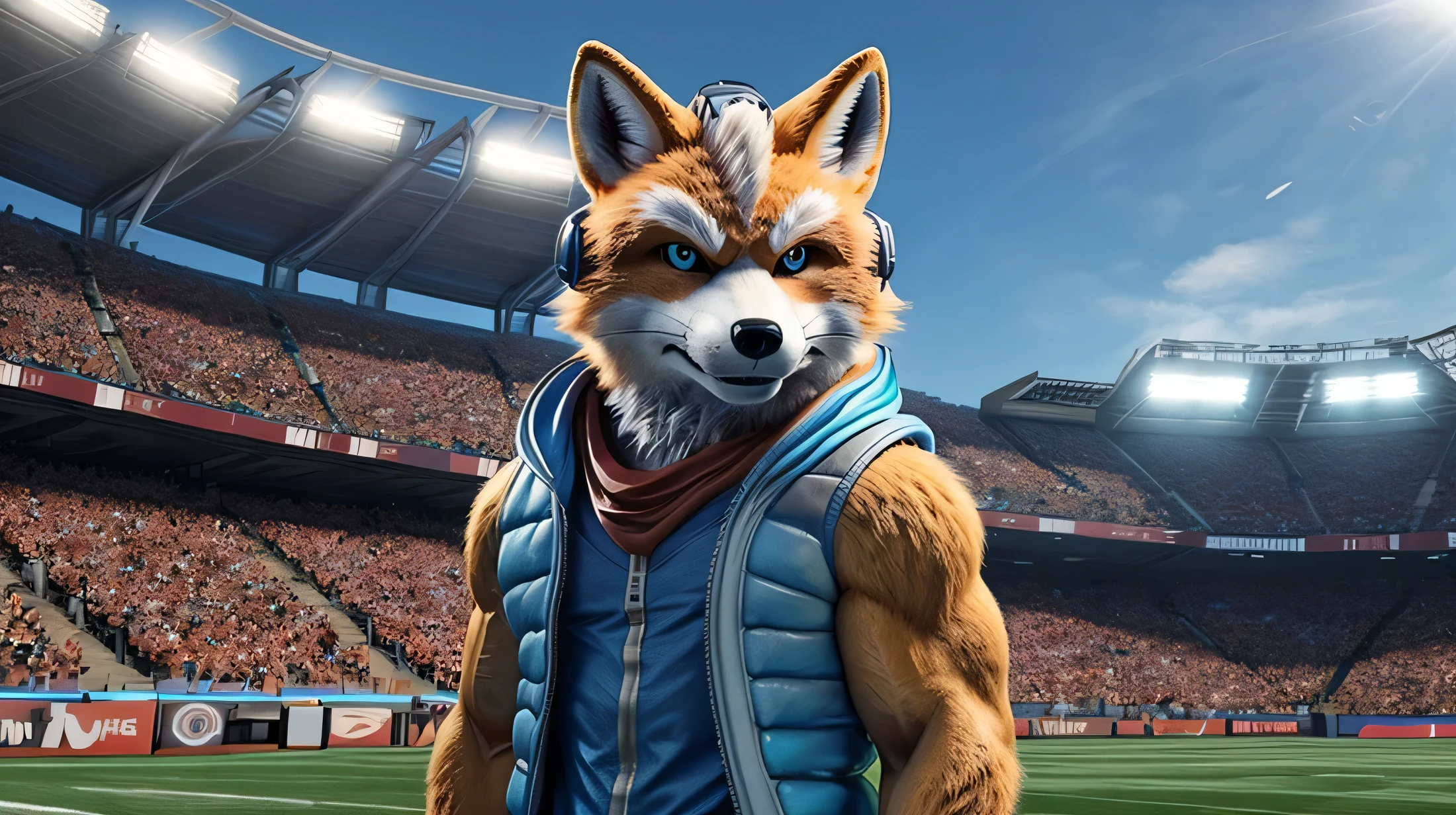 (melhor qualidade,16K,32K,alta resolução,Obra de arte:1.2),ultra-detalhado,(realista,photorealista,photo-realista:1.37),(Orochi Fox Mccloud) bright blue eyes, background of a stadium, with dark shades of blue, a strong fox, alone, looking at the camera serious expression brave and confident wearing a blue hoodie and blue blouse