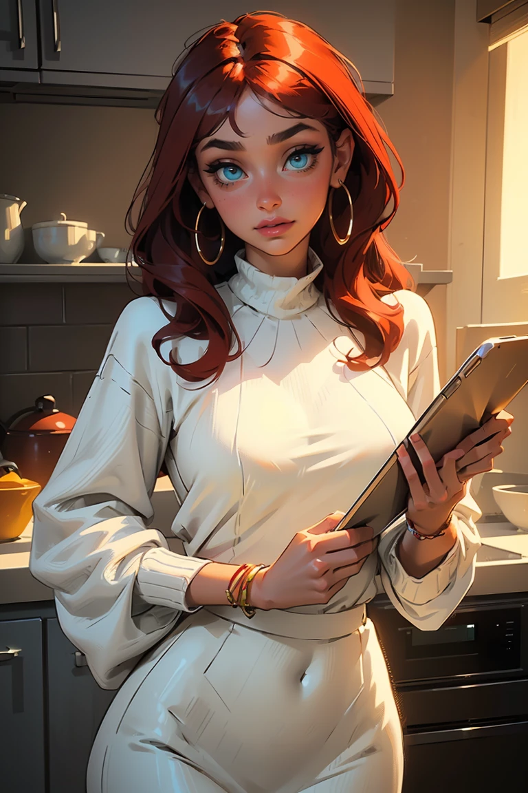 Goddess ((goddess-like woman)), slim, elegant silhouette, masterpiece, (close angle), best quality, cute face, (masterpiece:1,2, best quality), (real picture, intricate details), ( 1 lady, solo, medium tits, narrow waist, (long hair), a woman with long hair, red hair, long straight red hair, Bangs, green eyes, she has an impressive presence., bracelet, hoop earrings, jewelry, beautiful face, beautiful eyes, she looks the Looking at viewer, She is wearing a large white blouse under a colorful wool sweaterdress , big sweater, Nerdy girl, sweet shy smile, elegant pose, elegant hands, beautiful hands, perfect fingers,, Background: Room, Kitchen,