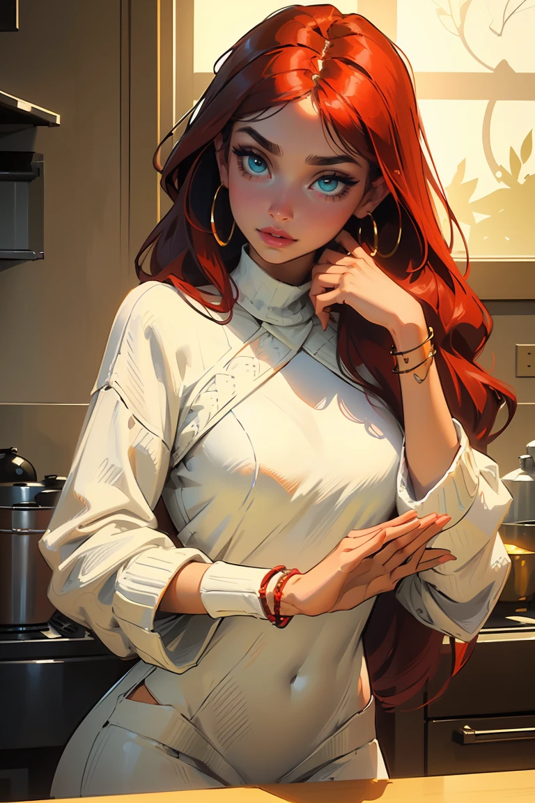 Goddess ((goddess-like woman)), slim, elegant silhouette, masterpiece, (close angle), best quality, cute face, (masterpiece:1,2, best quality), (real picture, intricate details), ( 1 lady, solo, medium tits, narrow waist, (long hair), a woman with long hair, red hair, long straight red hair, Bangs, green eyes, she has an impressive presence., bracelet, hoop earrings, jewelry, beautiful face, beautiful eyes, she looks the Looking at viewer, She is wearing a large white blouse under a colorful wool sweaterdress , big sweater, Nerdy girl, sweet shy smile, elegant pose, elegant hands, beautiful hands, perfect fingers,, Background: Room, Kitchen,