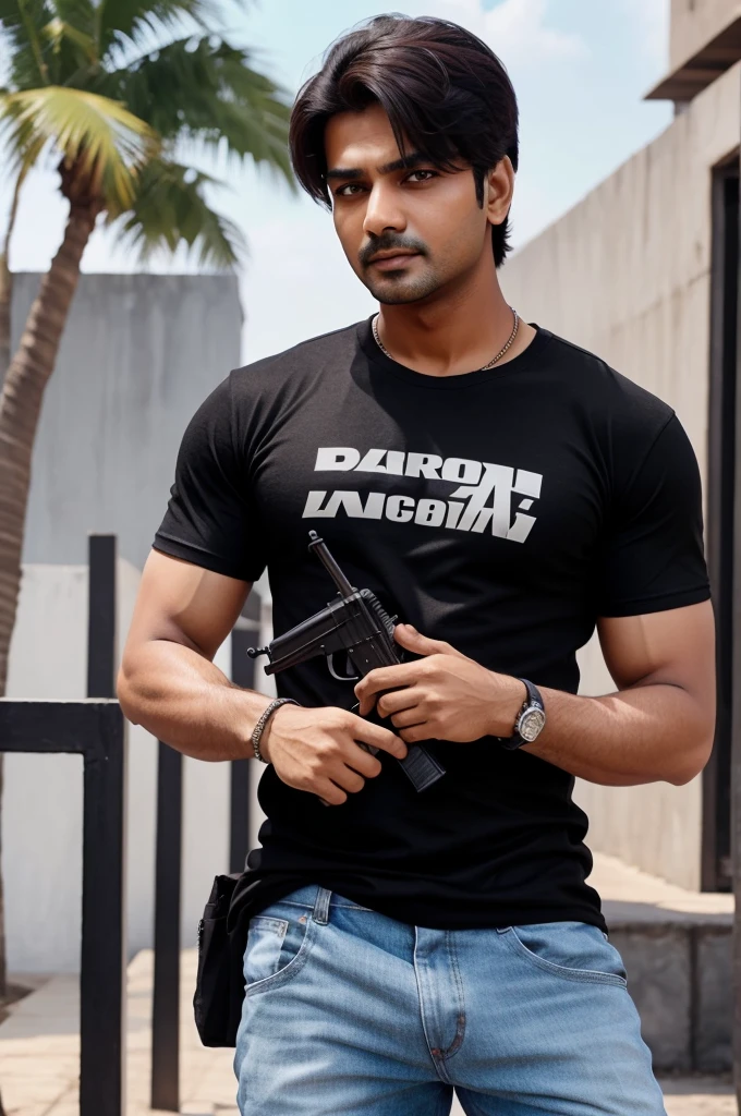 AK 47 ke sath ek black color t-shirt wala ladka khada hai