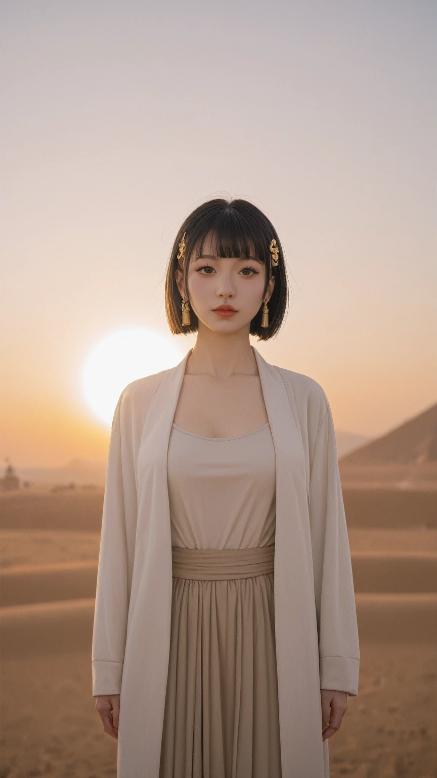 realistic,score_9, score_8_up, score_7_up, BREAK,
In a masterpiece of realistic art, a finely detailed and photorealistic portrait of a 21-year-old Japanese girl is presented. Her black shoulder-length hair, adorned with bangs, frames her aloof expression. Her medium breasts are subtly suggested by her attire, which includes a futuristic techwear jacket and a short dress.
The lighting in the scene is dramatic, employing Rembrandt lighting to create depth and highlight the intricate details of her features. The use of ray tracing adds a layer of realism to the image, making the scene appear almost tangible.
The girl's attire is a blend of ancient Egyptian and cyberpunk aesthetics, with intricate designs that reflect the theme of Bastet, the Egyptian goddess. She stands in an ancient Egyptian temple, outdoors, under the sun and amidst clouds, striking a cute pose as if she were strolling through the historical site.
This artwork is a testament to the artist's skill in blending historical elements with a futuristic twist, creating a visually striking and unique portrayal of a young woman caught between two worlds.