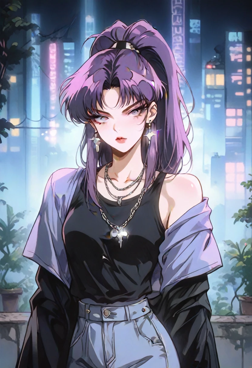 Art styles: uncensored, masterpiece, dramatic lighting, 3000K lighting, muted tones, crisp image, clear image, vivid colors, vibrant colors, 1990s \(style\), cinematic, cinematic lighting, retrowave, retro, anime, Vintage, edgPastelGoth; character:manga_darkstalkers_Morrigan_Aensland:0.13; appearance: purple hair, high ponytail hair, purple eyes, (slim body), medium breasts, hourglass figure, soft gradient two-tone hair, makeup, masterpiece; clothing: streetwear-grunge-cyberpunk; composition: cowboy shot; BREAK Accessories: sparkly diamond small earrings; pose: standing, hand on hip; BREAK bg: large illuminated fountain, skyscraper roof, panoramic view, night city, decorations neon lights, translucid lights, dense, green ornamental plant, side lighting;