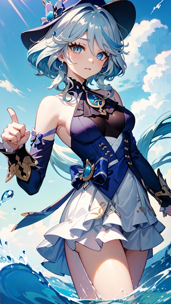 (White skirt),(((Wearing a small black hat)))Forrina, Surrealism, 8K, Super Detail, Hydraulic Archon, permanent, Naughty face, smug, beautiful eyes, masterpiece, high resolution, 8K, Anime woman, The writing is delicate and meticulous 、Detailed digital illustration、(((Genshin Impact))、Shiny hair、A very beautiful woman、High image quality, high quality、Detailed background、The inside of the eye sparkles like a diamond、(((Blue Hair)))、(((Scan your fringe)))、Gradient pupil、(((2 arms、4 fingers, 1 thumb)))、Detailed female face、A very beautiful woman、、Detailed background、masterpiece、Soft Focus , Bright gradient watercolor , lens flare , (((flash))) , glow , excellent ,、((Very beautiful light blue rose hair accessories)), Swimsuit,Beach Background,Standing in water swimming