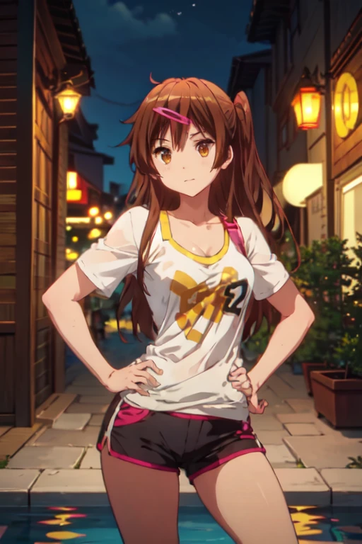 1girl, solo, shinka nibutani, flowing hair, medium breasts,  short tight shorts,  t-shirt, masterpiece, smile, looking at viewer, in night club, wet body, contrapposto, standing, one hand on hip, cowboy shot, long torso