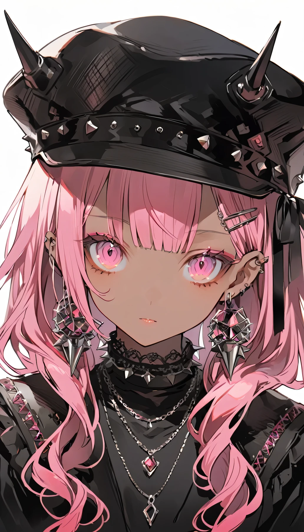 an anime girl with pink hair, black skin, and hat with spikes, jewelry, 1girl, pink hair, solo, long hair, hat, earrings, black headwear, looking at viewer, pink eyes, necklace, upper body, hair ornament, simple background, hairclip, white background, bangs