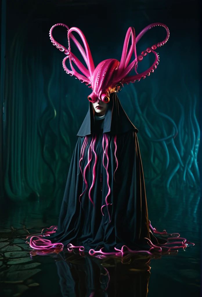 8K, ARTISTIC photogrAphy, best quAlity, mAsterpiece: 1.2), A (potrAit:1.2)  witch BLOOD   Cthulhu nun QUEEN, EYES, PINK many octopus style tentacles, full body RAW candid cinema, RED hair, 16mm, color graded portra 400 film, remarkable color, ultra realistic, sad admosphere, dark lighting, oppressive atmosphere, depressive colors, kodak portra 400, photograph,r, Natural Light, Pinhead lighgts, blur reflection, Brush Strokes, Smooth, abstract, Splatter, Oil On Canvas, rainbow colors, fractal isometrics details bioluminescens : a stunning realistic photograph of wet bone structure, 3d render, octane render, intricately detailed, titanium decorative headdress, cinematic, trending on artstation | Isometric | Centered