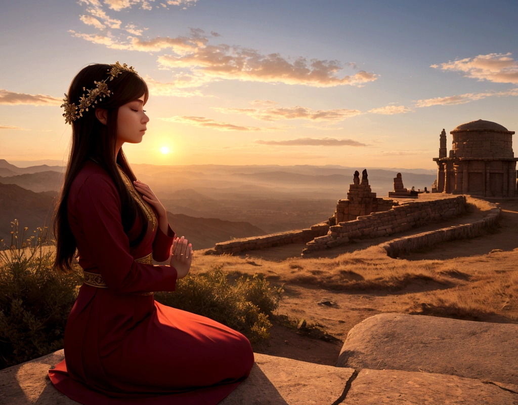 make a beautiful girl praying with an incredible landscape in the background and the sun rising to inspire people