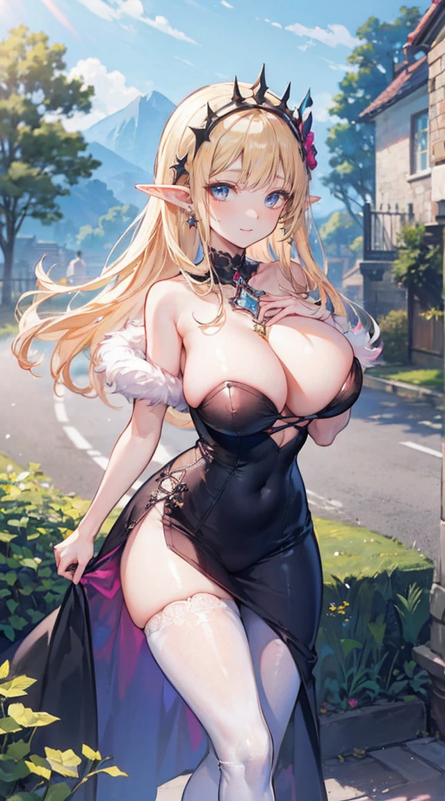 beautiful woman,folk girl,blonde with blue eyes,((Strapless dress)),low skirt,(Star evening dress),ta skirt,Show your legs,Crystal heels,red carpet,prom website,(nobility),(big tits),((fluffy fur)),(pubic bone),countryside,countryside,beautiful scenery,European Middle Ages,Smile until all your teeth are gone.,forehead,forehead exposed,very big breasts,ear nipple ring,side waist slit,tight,((side chest)),trousersชั้นในลูกไม้,trousers,((big tits)),(pubic bone),(Hold your hands on your chest...),(Elf Princess), rift, visible chest, Show your breasts, open chest, I see bulging nipples,,(((large areolae:1.4,pink,The nipples are clearly visible.....))),Navel drive,dance,dance, (((2 young women ,beautiful woman))),Revealing the skin, ((pussy,bare female genitals))