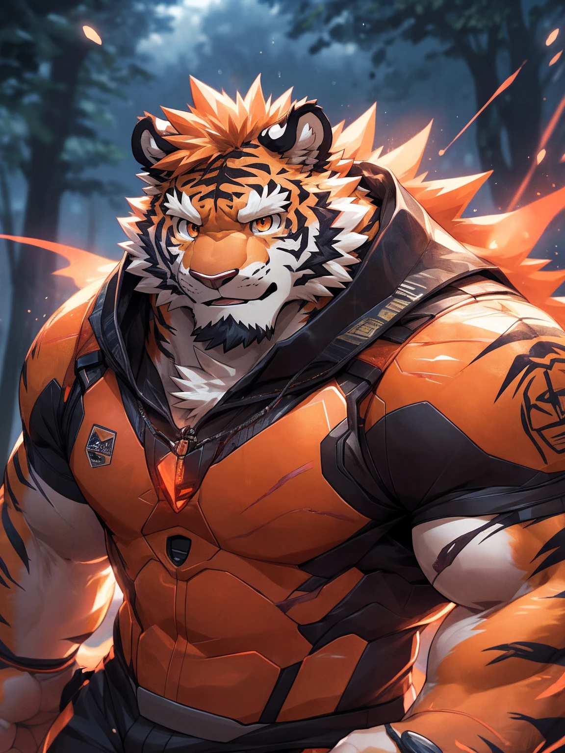 human nature, Wildlife, male,36 years old，Uncle， solitary, ((Round Face, The face is plump,Orange eyes,Thick orange hair，With scars)), ((Endomorph, Handsome，Hot Blood)), （Mecha suit，No electricity，exhaustion), ((domestic tiger, tiger，) Fluffy fur, Fluffy), Bokeh, (high quality, high resolution, masterpiece), (Dynamic Lighting, Vibrant colors), (Revitalize，harm，Disdain), Full body picture (close up), cartoon, author：Takemoto Arashi, From zixiong, By Chunni, author：Empty Ghost，（background：Rainy forest）