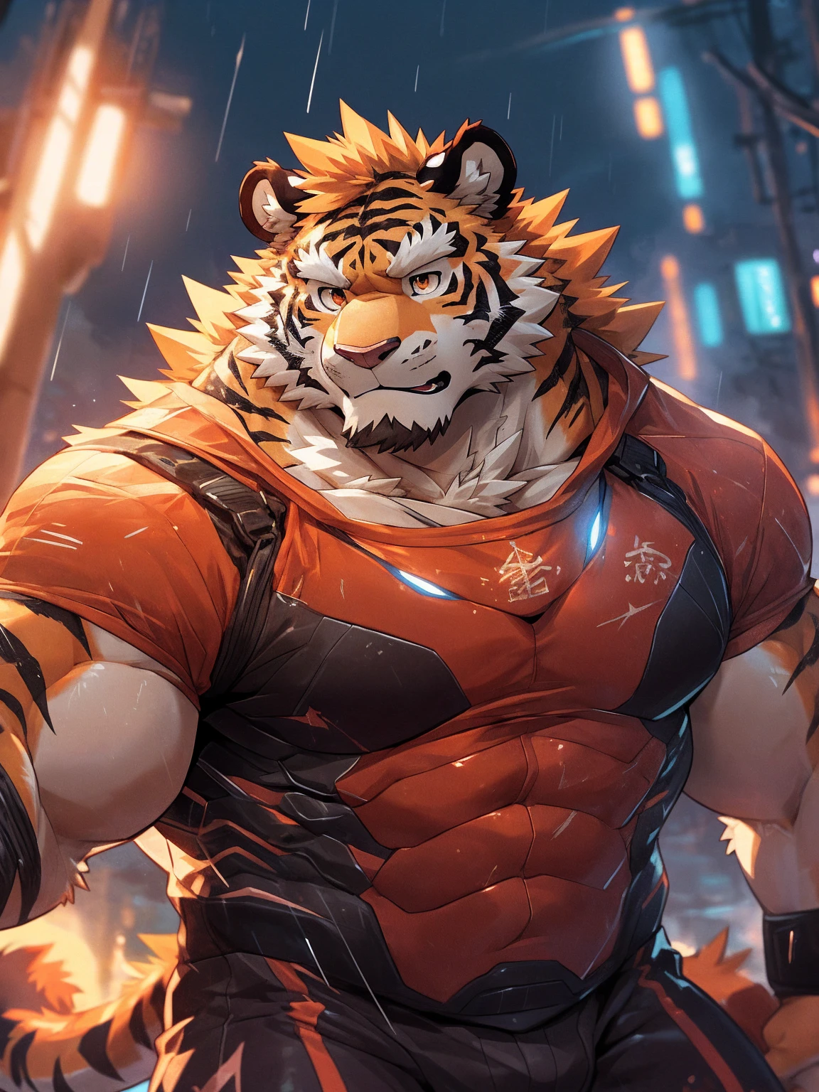 hyper growth, hyper muscles, furry growth, cute cat, A furry cat, orange and fluffy cat, shirtless, wearing shorts, exaggeratedly huge and muscular, on a gray background