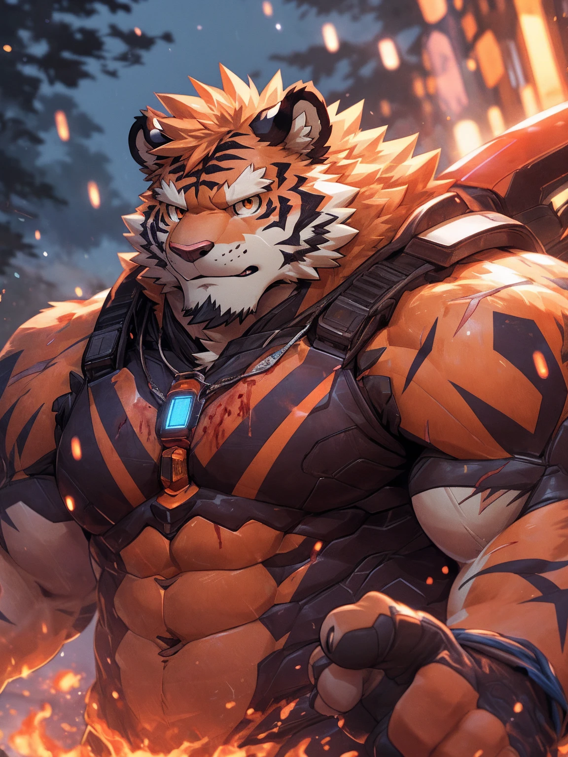human nature, Wildlife, male,36 years old,Uncle, solitary, ((Round Face, The face is plump,Orange eyes,Thick orange hair,With scars)), ((Endomorph, Handsome,Hot Blood)), (Mecha suit,No electricity,exhaustion), ((domestic tiger, tiger,) Fluffy fur, Fluffy), Bokeh, (high quality, high resolution, masterpiece), (Dynamic Lighting, Vibrant colors), (Revitalize,harm,Disdain), Full body picture (close up), cartoon, author:Takemoto Arashi, From zixiong, By Chunni, author:Empty Ghost,(background:Rainy forest)