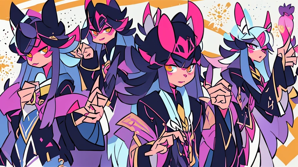 ((highest quality, masterpiece, 4K, finely detailed, detailed eyes, mean face, intricate details, gelbooru, pixiv)), dark lighting, idol, Super Idol, super model ((独奏)), 1 male, ((male)) (, masculine, adult man, broad shoulders, tall guy, small thin body), ((black MID hair, messy mid hair, hair, bangs)), light skin, sharp features, (ears), ((baggy clothes, oversized clothes)), , ((sharp eyes, dark pink eye color, mean expression, holding a pink sword with a scorpion on it)), dynamic pose, infinty castle background, night sky, moon night, turtleneck dark pink and black sweater, loose black pants, oversized parka,,,,,
- **Appearance**:
– Shinobu has fair skin and a slender body, radiating a soft glow.
- Their eyes are large and bright, with a gradient yellow tint, remembering the sun's rays.
- Your hair is short, black and wavy, with the tips in a golden yellow tone.
- She wears a standard Demon Slayer uniform, with a yellow straight-line jacket and hakama pants.
- It stands out for its delicate and small appearance, like a ray of light.
- **Personalidade**:
- Shinobu is smart and strategic, preferring to use brilliant tactics rather than brute force to defeat demons.
- She is motivated by the personal tragedy of losing her parents to a demon and joined the Demon Slayer Corps to protect others.
- Despite its soft appearance, she has a sharp mind and is determined to eradicate demons.
- **skills**:
- Shinobu specializes in brilliant attacks, using a blade that appears to reflect sunlight.
- She is recognized for her luminous techniques and tactical approach.
In summary, Shinobu is a complex character, with a captivating appearance and a sharp mind. She plays a crucial role in the fight against demons.