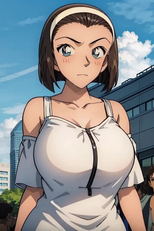 looking at the camera、When I Look at You、lookatviewer、Anime Style、Eroge、1 Girl,  (Huge breasts), (Tight white camisole dress)、Low Angle、Brown haired, hair band、Bob Hair、The forehead is visible、blush, White arm covers, bangs、The whole body is visible