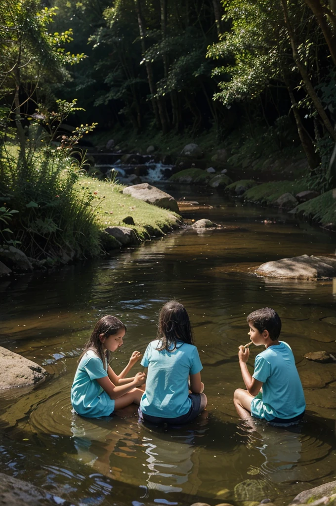 After hours of walking, the four children João, Maria, Pedro and Clara arrived at a serene stream that crossed the path. The waters were clear and inviting, and the children decided to take a break to rest and eat. As they sat by the stream, they heard a soft flute sound that seemed to be coming from somewhere nearby.