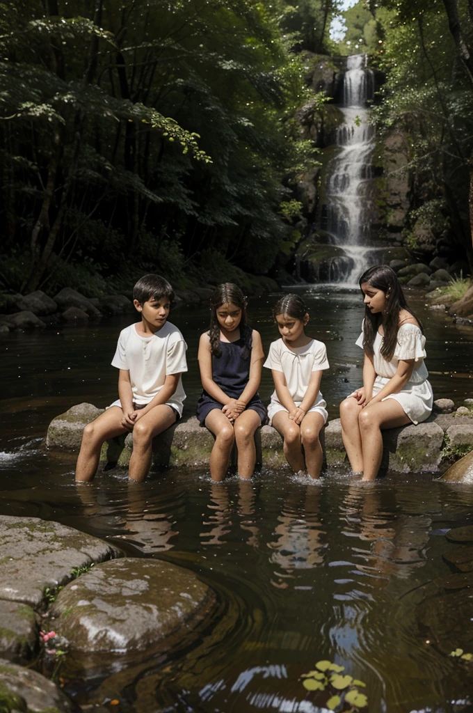 After hours of walking, the four children João, Maria, Pedro and Clara arrived at a serene stream that crossed the path. The waters were clear and inviting, and the children decided to take a break to rest and eat. As they sat by the stream, they heard a soft flute sound that seemed to be coming from somewhere nearby.