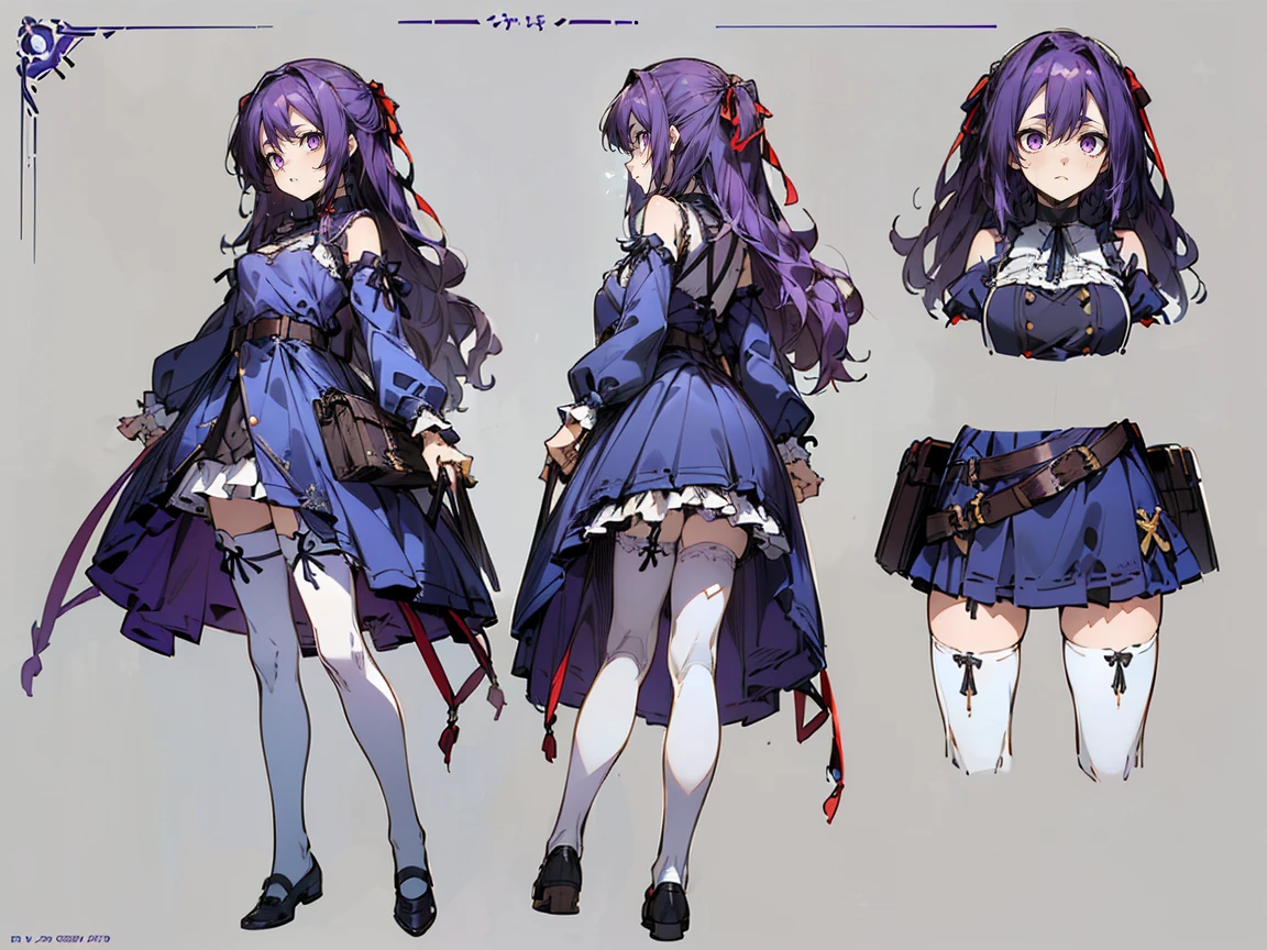 (((three-sided view, front view, side view, back view, multiple views, multiple poses and expressions, many parts)), concept art, character concept art, character sheet, Full body, illustration, (simple background, gray background), 1 character, 1girl, fantasy art:1.1), (reo mikage:0.7), blue lock, girls with((purple hair, bangs, (one side up, long wavy hair, ribbon:1.55), perfect hands, perfect fingers, (exposed breasts, tits cleavage, breasts close up:1.2), dress((suspenders, dress, belt, nun:1.15), (blue clothes, frills shirt, no sleeves, sleeveless, frills panniers, long sleeves, white legwear, thighhighs, single thighhighs, single legwear, black footwear, strap shoes:1.42))