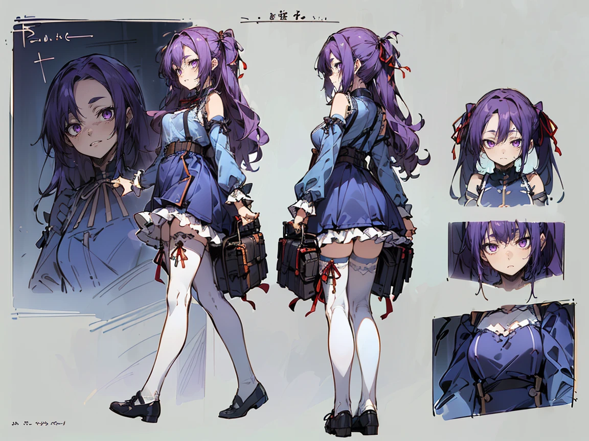 (((three-sided view, front view, side view, back view, multiple views, multiple poses and expressions, many parts)), concept art, character concept art, character sheet, Full body, illustration, (simple background, gray background), 1 character, 1girl, fantasy art:1.1), (reo mikage:0.7), blue lock, girls with((purple hair, bangs, (one side up, long wavy hair, ribbon:1.55), perfect hands, perfect fingers, (exposed breasts, tits cleavage, breasts close up:1.2), dress((suspenders, dress, belt, nun:1.15), (blue clothes, frills shirt, no sleeves, sleeveless, frills panniers, long sleeves, white legwear, thighhighs, single thighhighs, single legwear, black footwear, strap shoes:1.42))