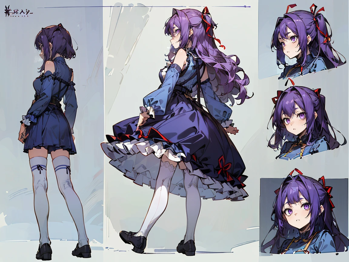 (((three-sided view, front view, side view, back view, multiple views, multiple poses and expressions, many parts)), concept art, character concept art, character sheet, Full body, illustration, (simple background, gray background), 1 character, 1girl, fantasy art:1.1), (reo mikage:0.7), blue lock, girls with((purple hair, bangs, (one side up, long wavy hair, ribbon:1.55), perfect hands, perfect fingers, (exposed breasts, tits cleavage, breasts close up:1.2), dress((suspenders, dress, belt, nun:1.15), (blue clothes, frills shirt, no sleeves, sleeveless, frills panniers, long sleeves, white legwear, thighhighs, single thighhighs, single legwear, black footwear, strap shoes:1.42))