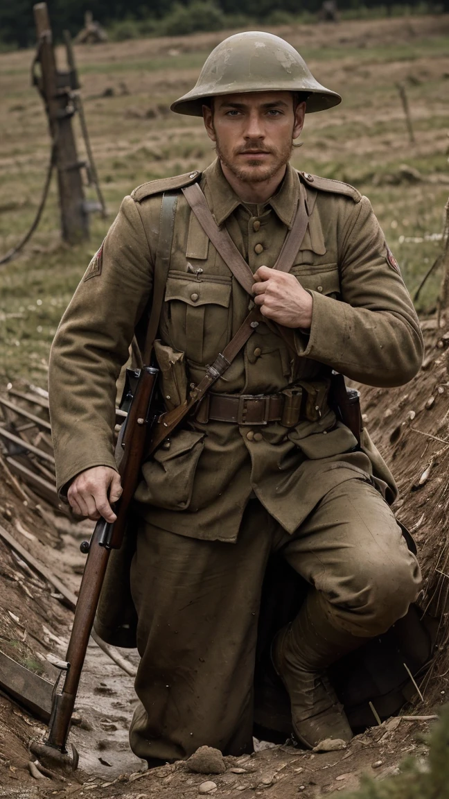 (masterpiece), best quality, expressive eyes, perfect face, All quiet on western Front, man, trenches, dirty, uniform, realistic, HD, Rifle, mas-36, battle, fighting, world war 1, bearded, mature, michael Fassbender