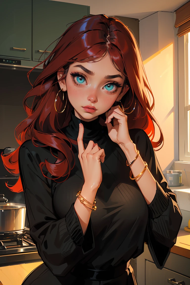 Goddess ((goddess-like woman)), slim, elegant silhouette, masterpiece, (close angle), best quality, cute face, (masterpiece:1,2, best quality), (real picture, intricate details), ( 1 lady, solo, medium tits, narrow waist, (long hair), a woman with long hair, red hair, long straight red hair, Bangs, green eyes, she has an impressive presence., bracelet, hoop earrings, jewelry, beautiful face, beautiful eyes, she looks the Looking at viewer, She is wearing a large black blouse under a colorful wool sweaterdress , big sweater, Nerdy girl, sweet shy smile, elegant pose, elegant hands, beautiful hands, perfect fingers,, Background: Room, Kitchen,