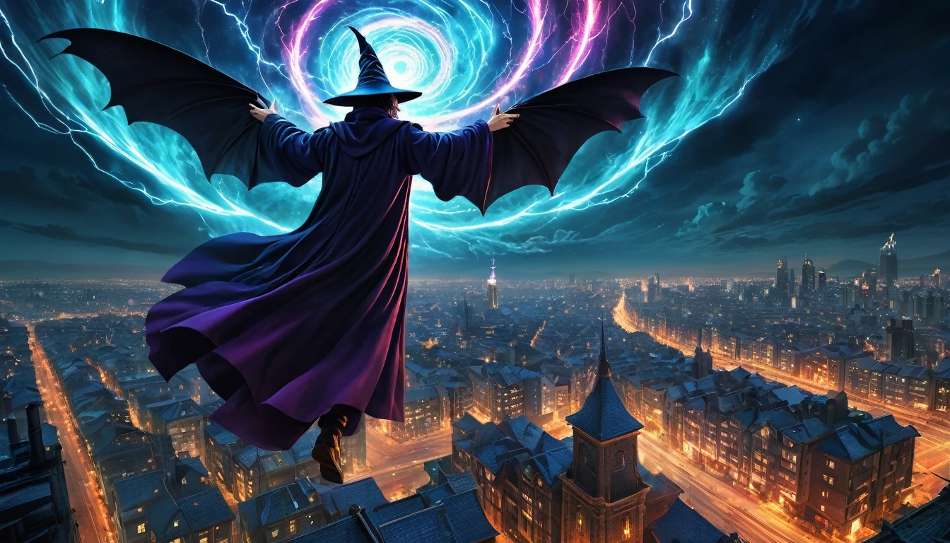 (anime, fantasy, wizard), (best quality, high resolution, depth of filed, HDR:1.2), vibrant colors, an evil urban wizard flying over a city at night. He's summoning a gigantic maelstrom in the sky. creepy atmosphere, armageddon themed, back view