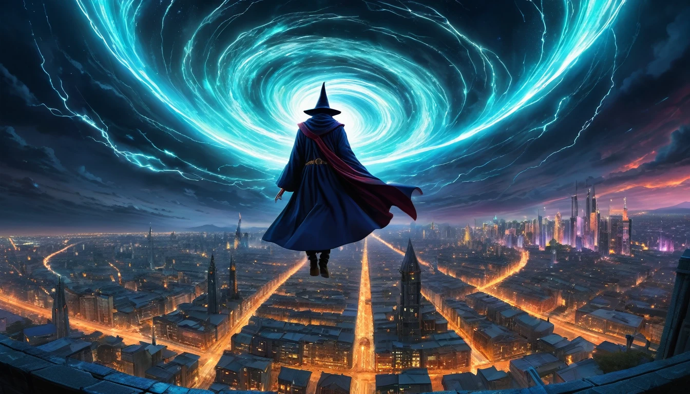 (anime, fantasy, wizard), (best quality, high resolution, depth of filed, HDR:1.2), vibrant colors, an evil urban wizard flying over a city at night. He's summoning a gigantic maelstrom in the sky. creepy atmosphere, armageddon themed, back view