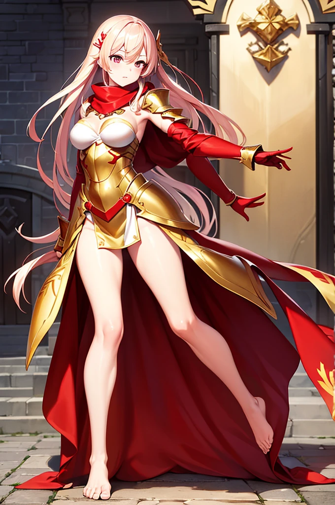 extremly detaled, dynamic sexy pose, bare feet, detaled feet, feet focus perspective,goddess, shine gold and red heavy armor, shield, sexy, long white hair, red cape and scarf, midget, gold hair clip, war flag